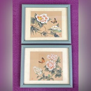 Set of Vintage Signed Chinese Watercolor Painting, Flowers & Butterflies on Silk